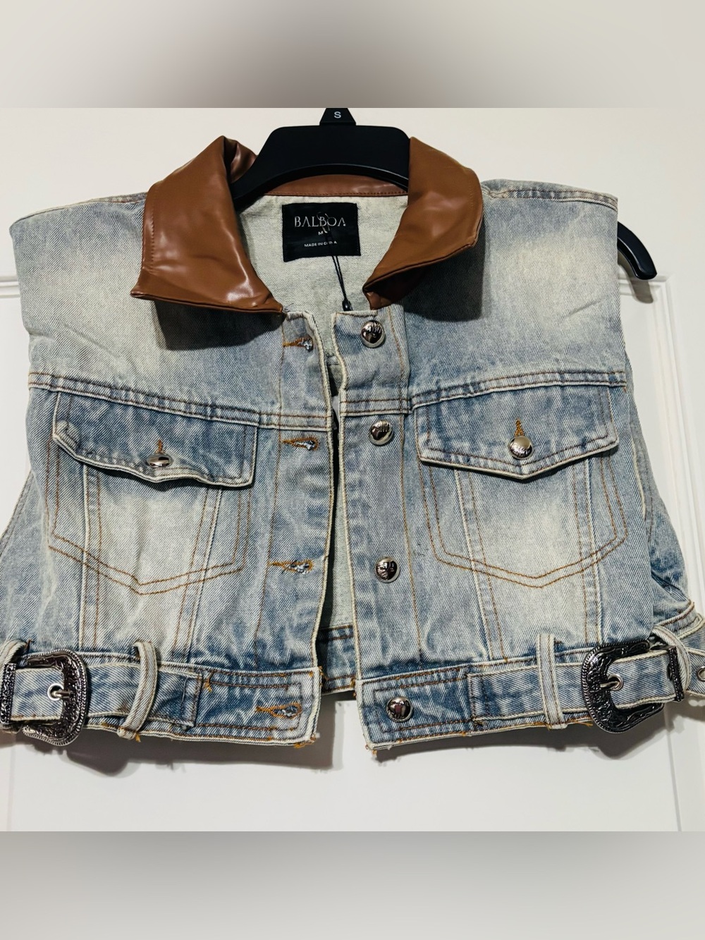 Balboa Blue Denim Crop Vest with Brown Faux-Leather Collar